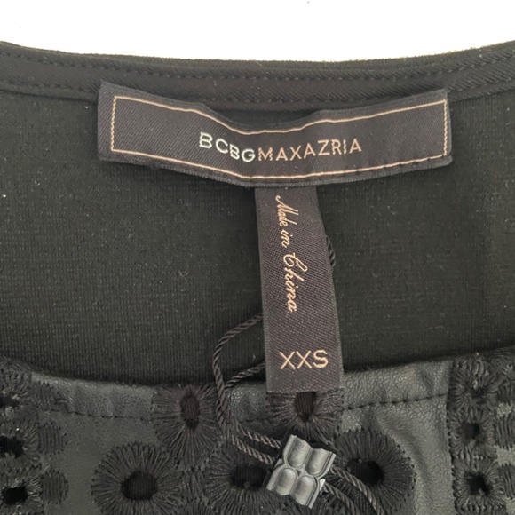 NWT BCBGMaxAzria Black Peplum Embroidered Faux Leather Top, Size XXS - Picture 4 of 6